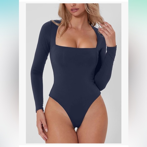 Qinsen Square Neck Thong Long Sleeve Bodysuit Navy Blue Women’s Size Medium - Picture 4 of 14